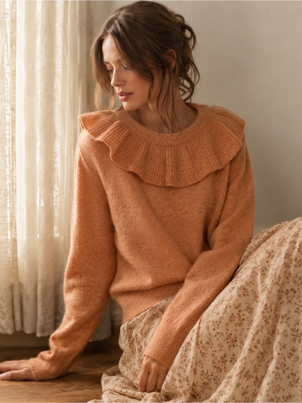 Doen Azaria Apricot Ruffle-Neck Crew Sweater Alpaca Wool Romantic NWOT